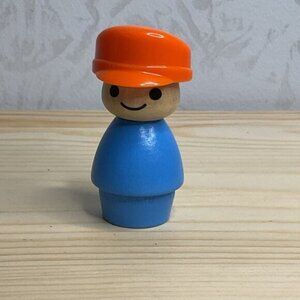 Wooden Little Person Construction Worker Action Figure Toy Blue Orange